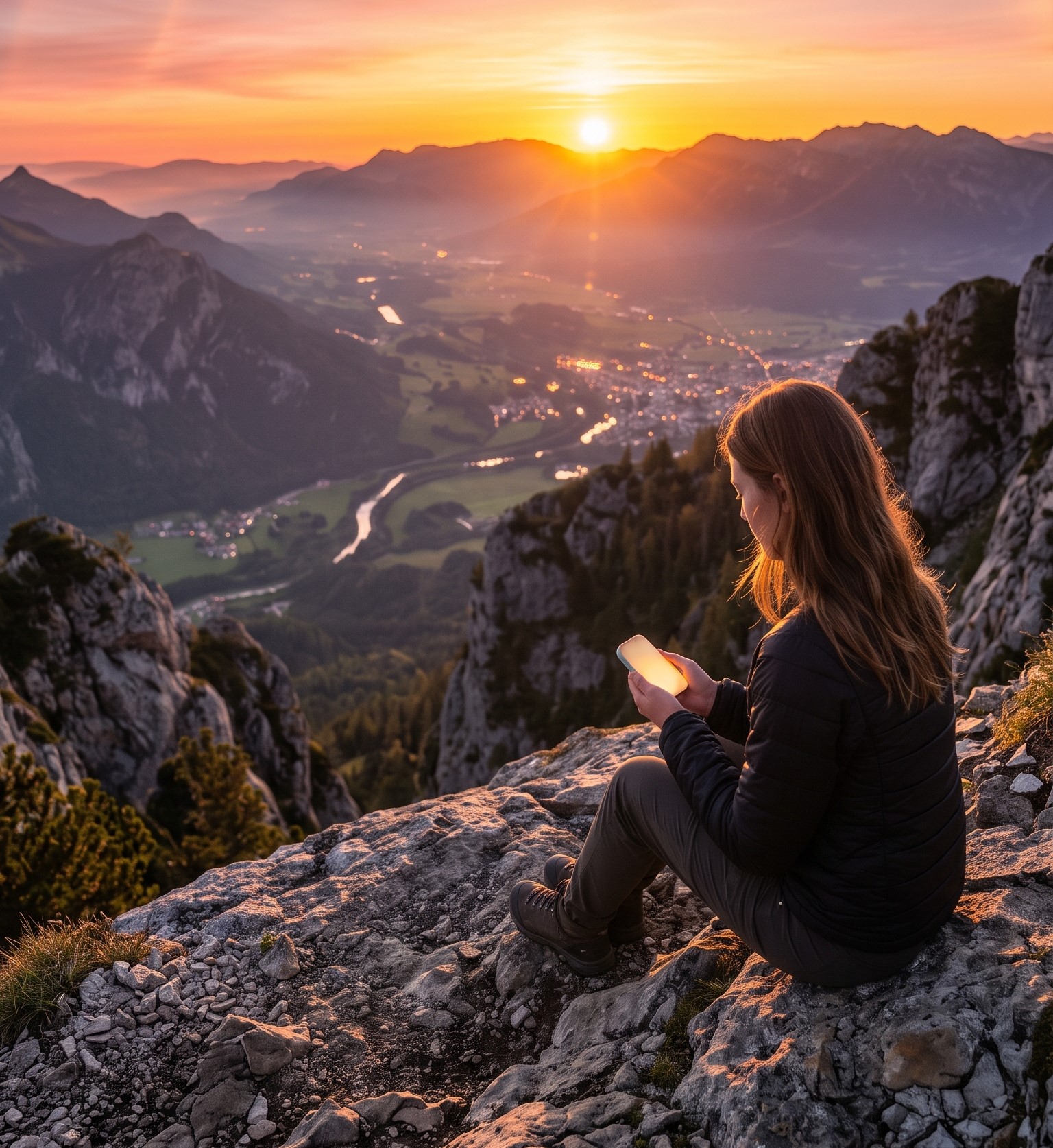 Traveller checking her phone at sunset in the mountains